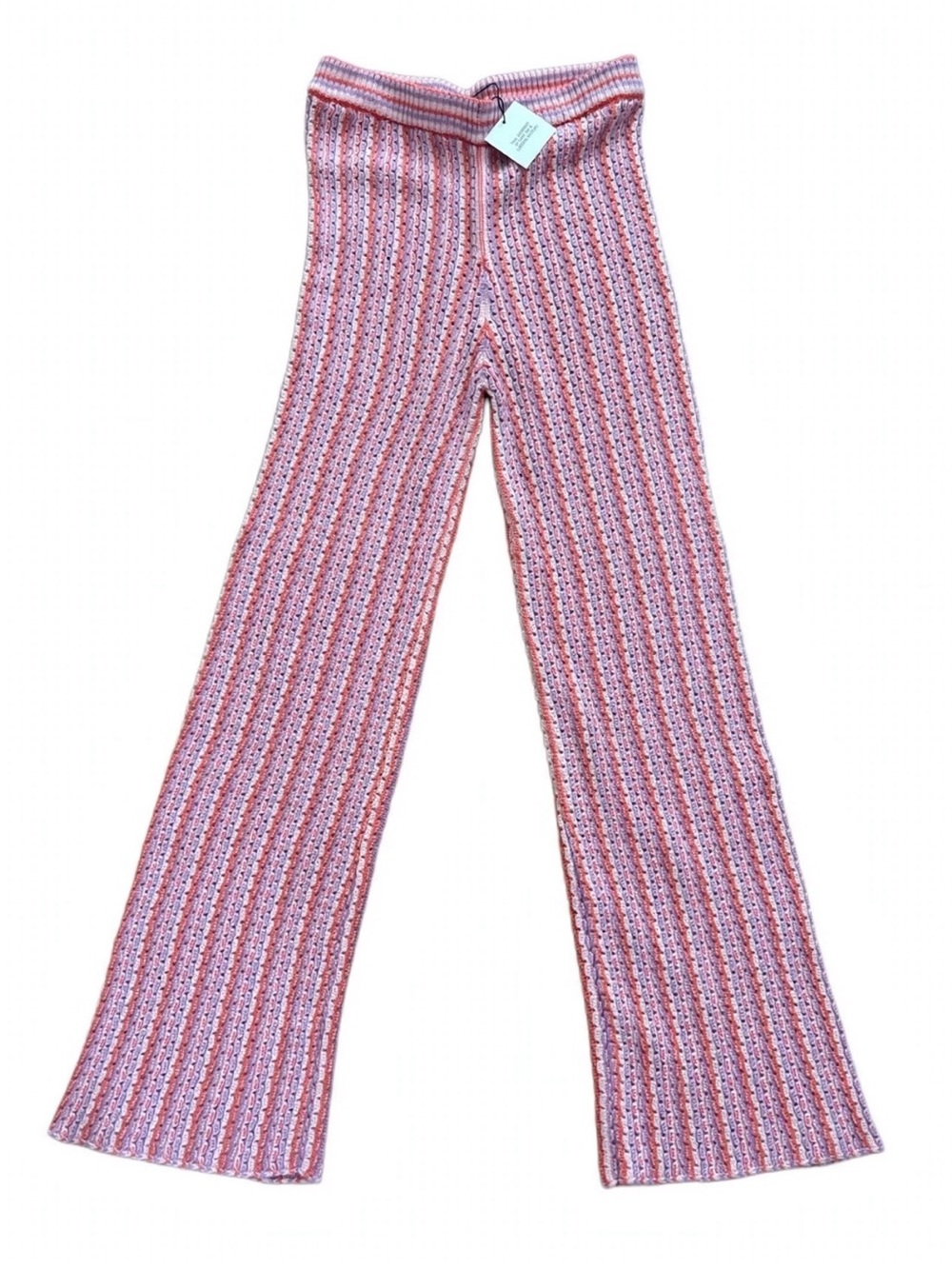 ZARA NWT Striped Crochet Knit Wide Leg Pants Pink Orange Purple S High Waisted